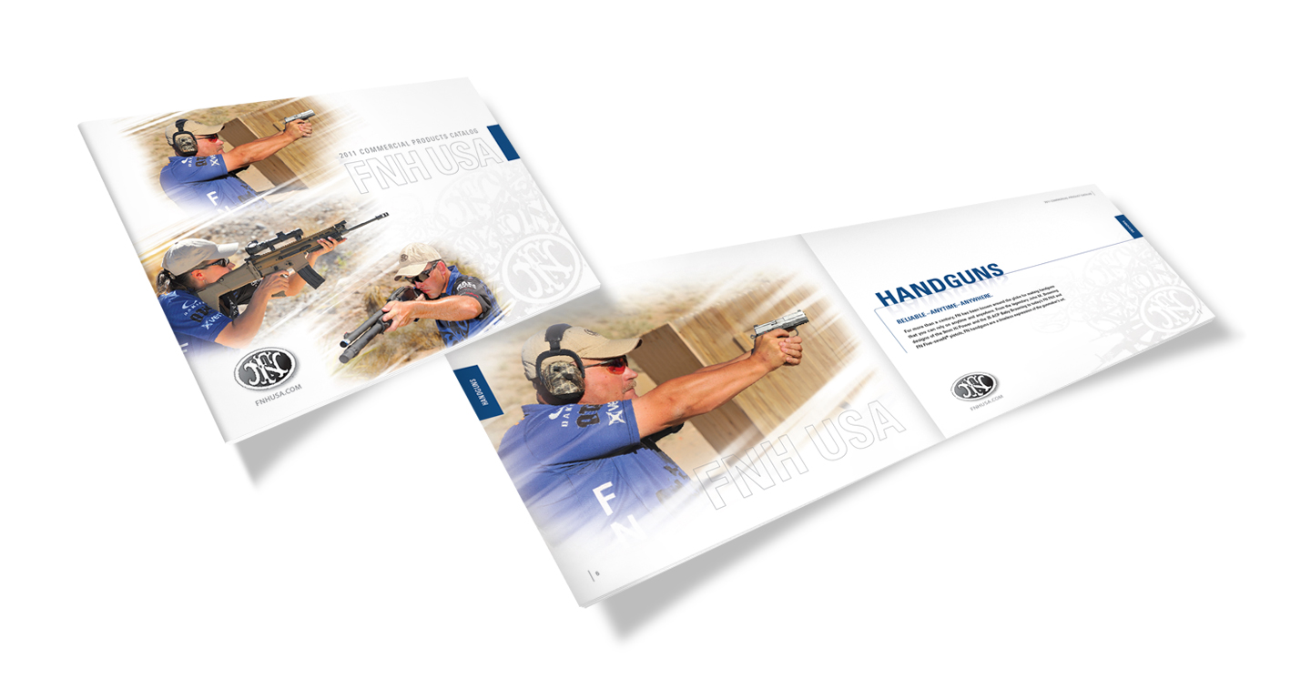We designed and developed this 60 page catalog for FNH, a leading gun manufacturer that develops weapons for the U.S. military, government agencies, law enforcement, and the shooting sports. The design strategy was to showcase their products with a clean and bold design statement that gave a platform to communicate their innovation and superior technology.