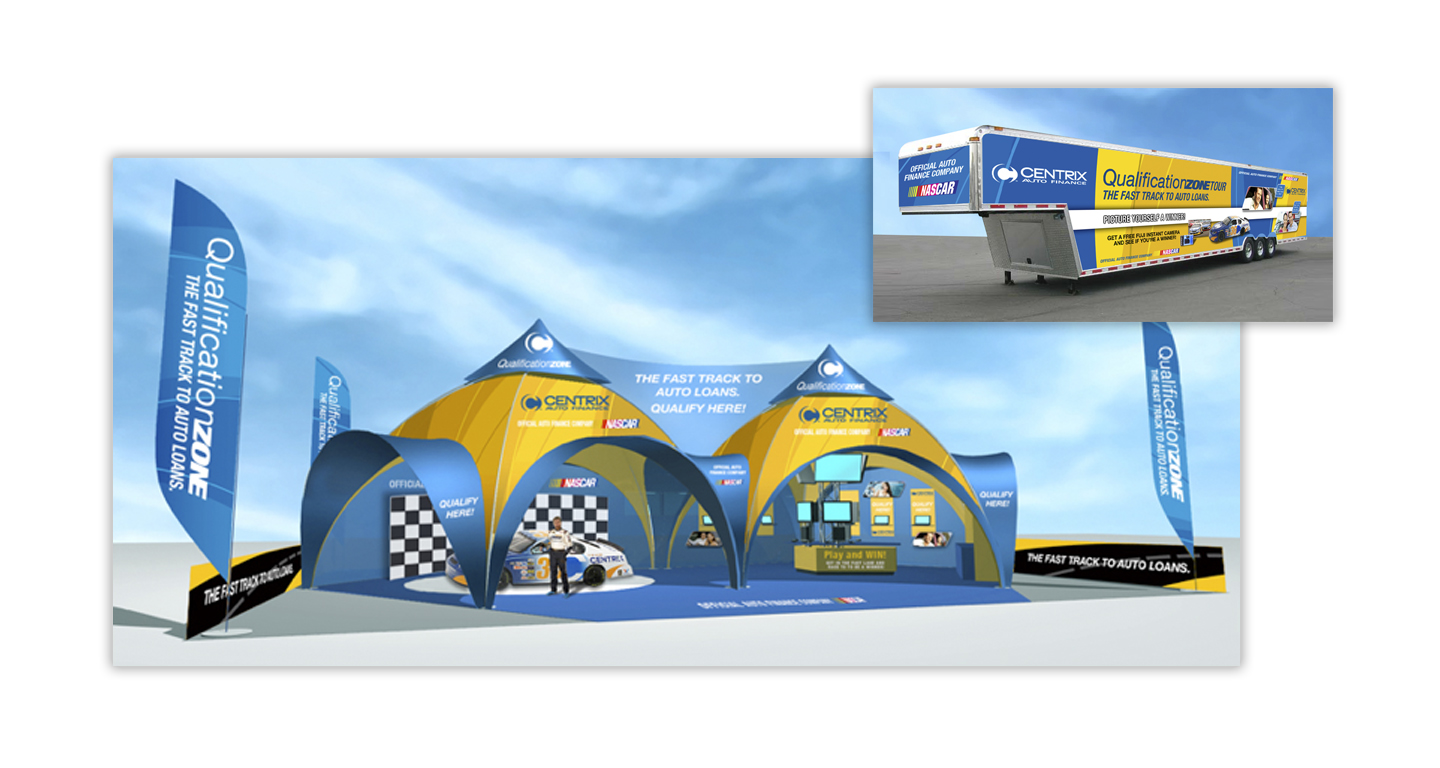 I concepted and designed the destination “Qualification Zone” for Centrix Financial Services to be used at NASCAR events that they sponsor. Bright colors and a bold design are the keys to the success of this event.