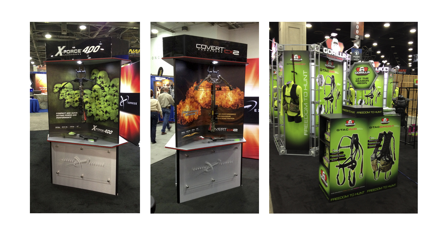 As an innovation and technology leader in the archery and hunting industry, Carbon Express demands a
unique experience to highlight and promote their brand. We designed this booth to offer consistent, bold, and eye-catching graphics as well as hardware that met their specific sales needs.