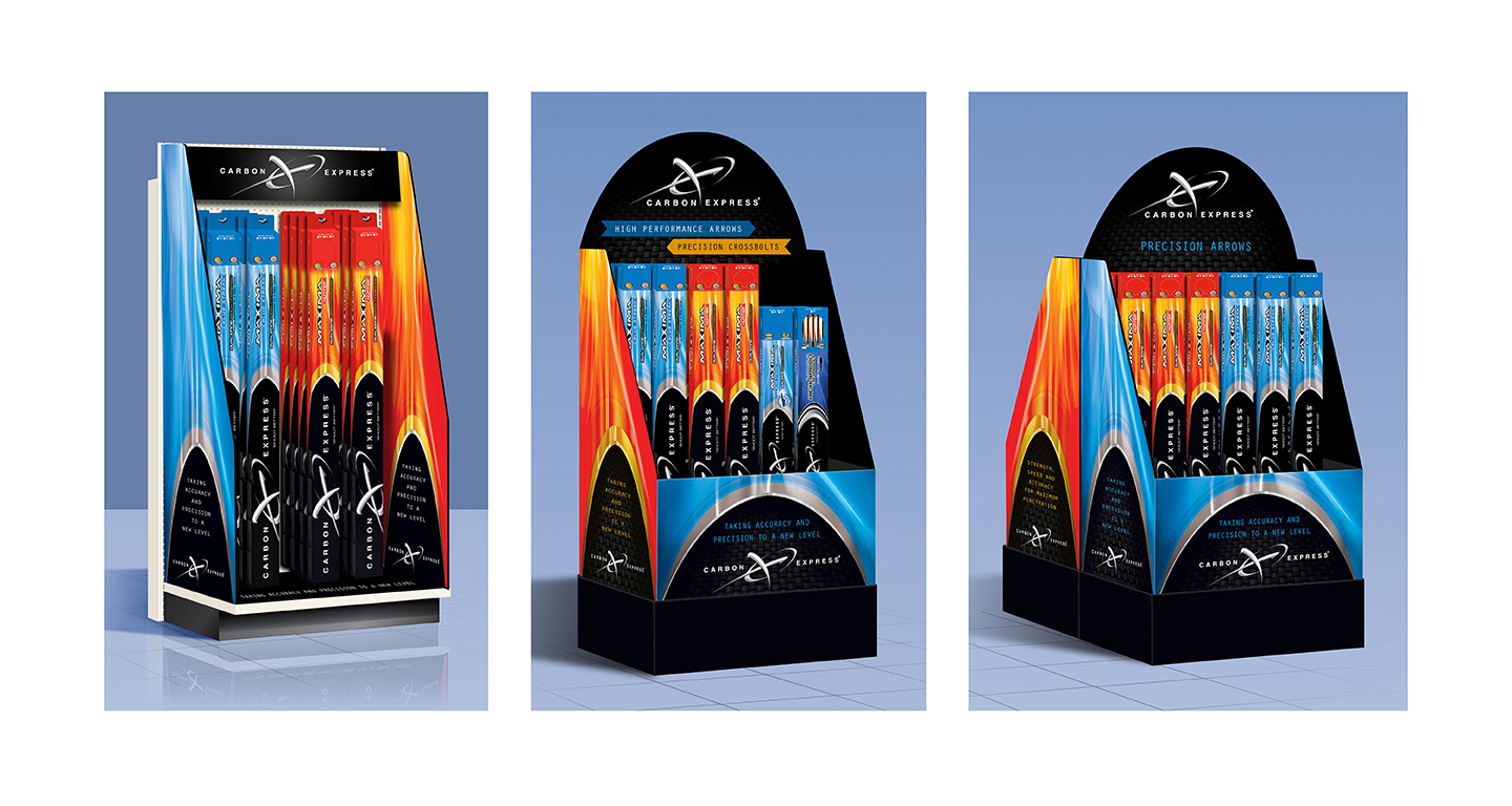 This display header was designed to merchandise Carbon Express arrows as well as communicate the competitive advantages and innovative technology of their arrow selection. This design leverages their bold brand architecture and core brand imagery.
