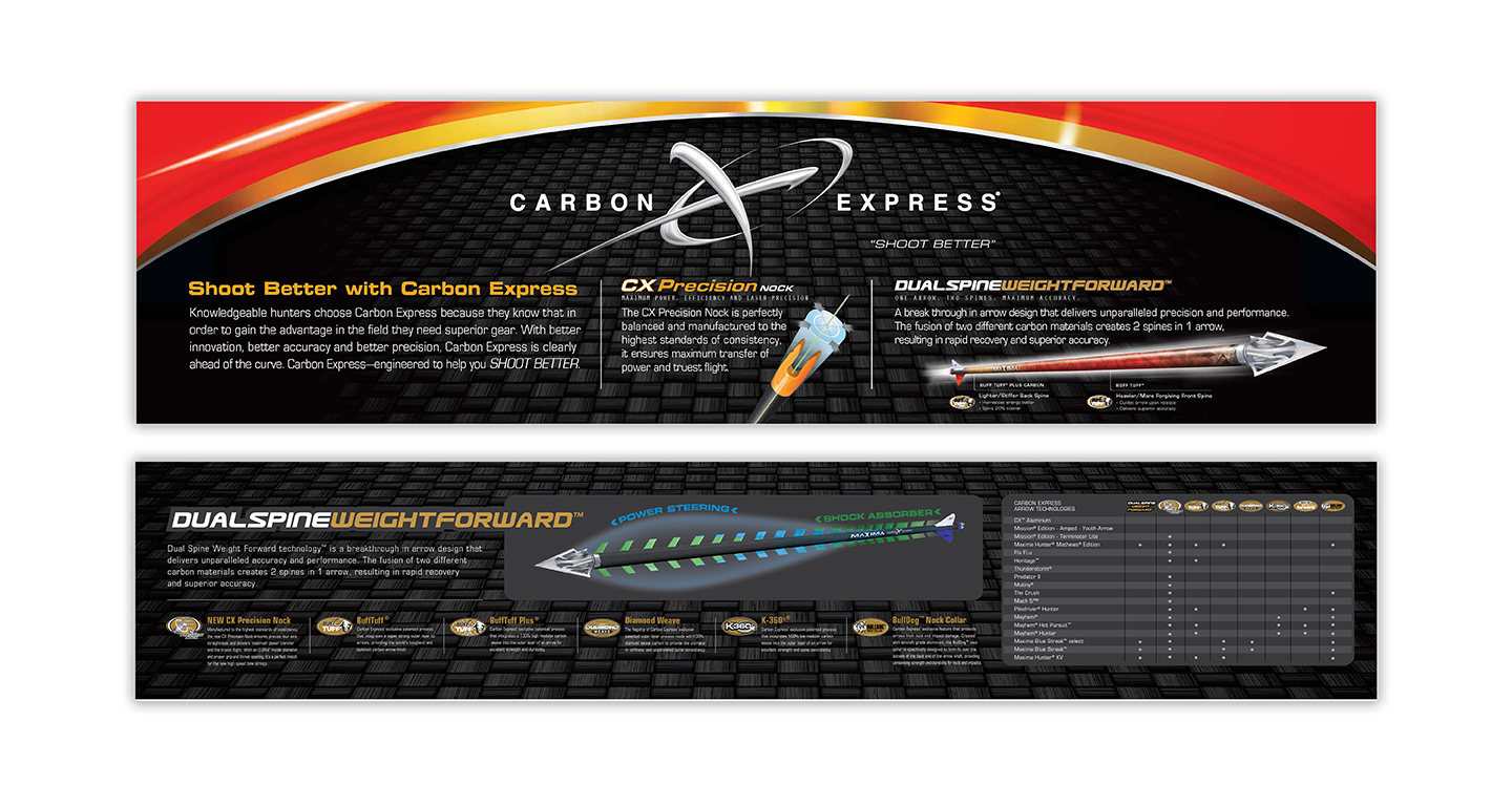 Carbon Express, the industry leader in carbon-fiber archery products, displays and sells their products in all of the largest outdoor retailers throughout the U.S. To maximize sales and communicate the innovative product features, we developed powerful and engaging POP materials to display their products. These displays were designed to maximize the floor-space in Gander Mountain stores. From two-sided displays to end cap applications, these designs leverage Carbon Express’s bold brand assets to create dynamic display options.