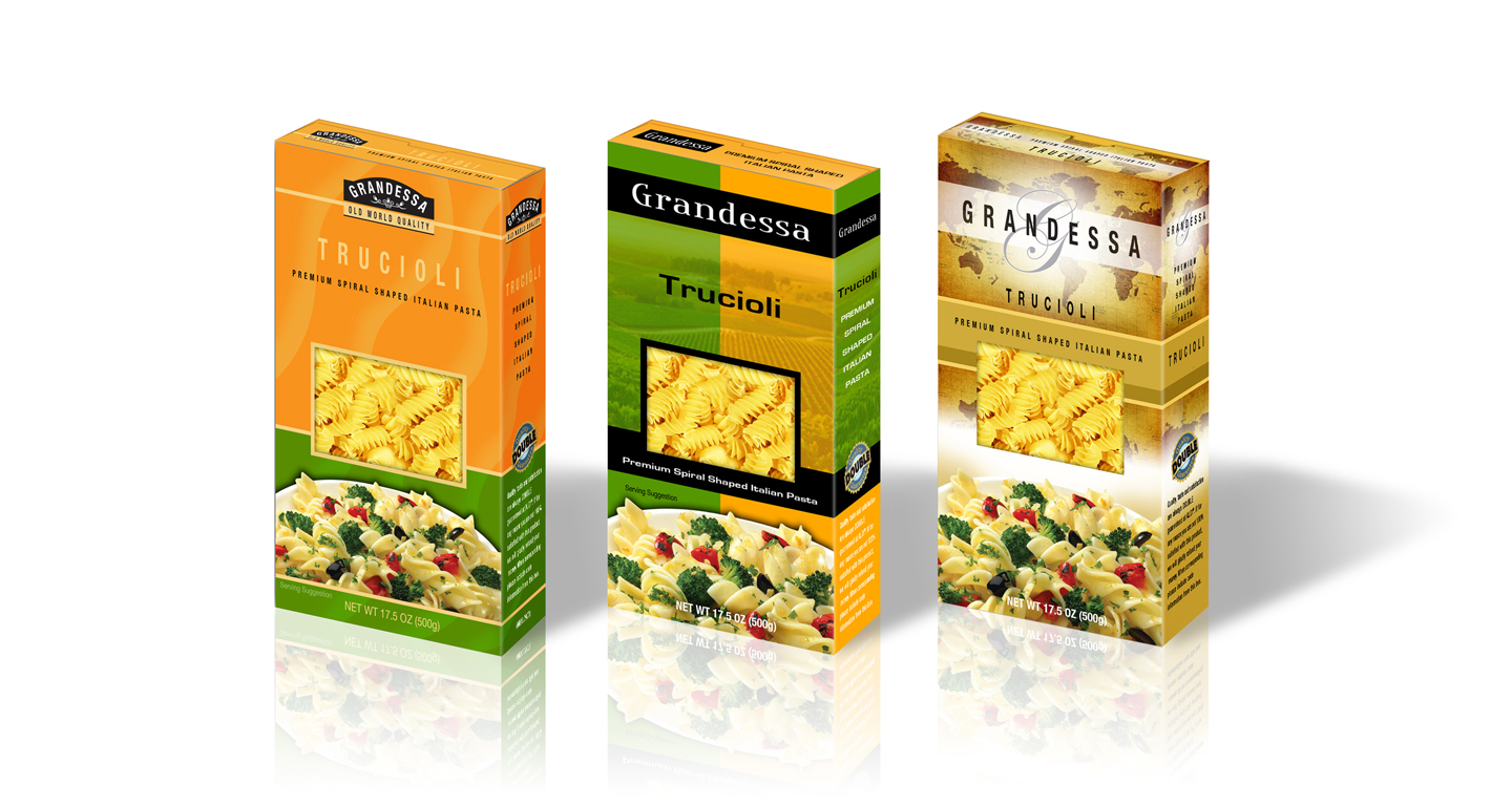 We concepted the re-design of packaging for the Grandessa pasta line, a private label brand of Aldi Grocery Stores. Their existing packaging was cold and institutional-looking. All of these concepts for the new look incorporates the old-world charm of Italy with a twist of contemporary styling. The simple window was added to help differentiate between the various pasta shapes on the shelf.